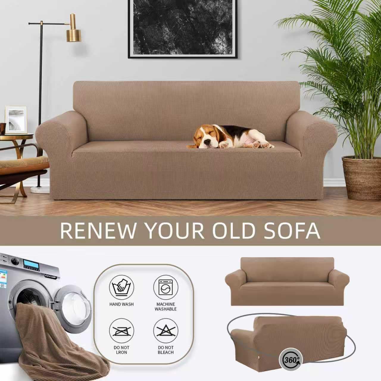 Condition photo showing New/Like New for kekuou stretch sofa cover slipcover ,couch covers for 3 cushion couch sofa pet friendly (78"-94") furniture protector sofa with elastic bottom for kids,dog, jacquard small checked(large,camel) camel large