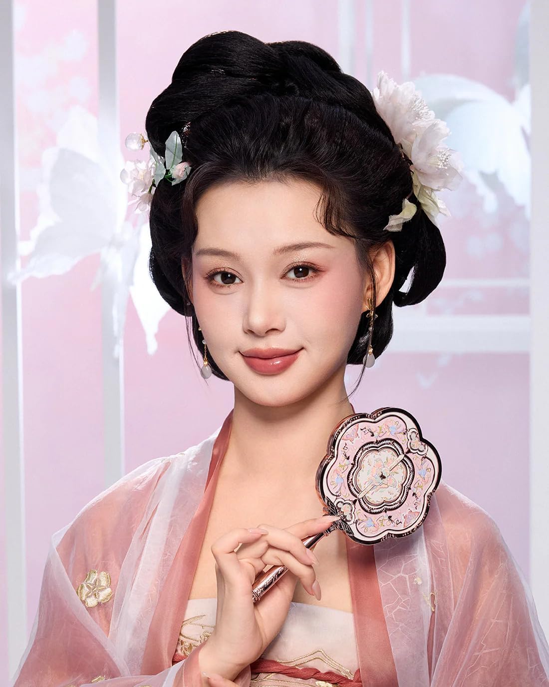 Flower Knows Butterfly Cloud Collar Hand Mirror,Vintage Chinese Round Fan Design,Fancy & Pretty Princess Handheld Mirror with Long Handle,Gift for Girls & Women(Lotus Pink)