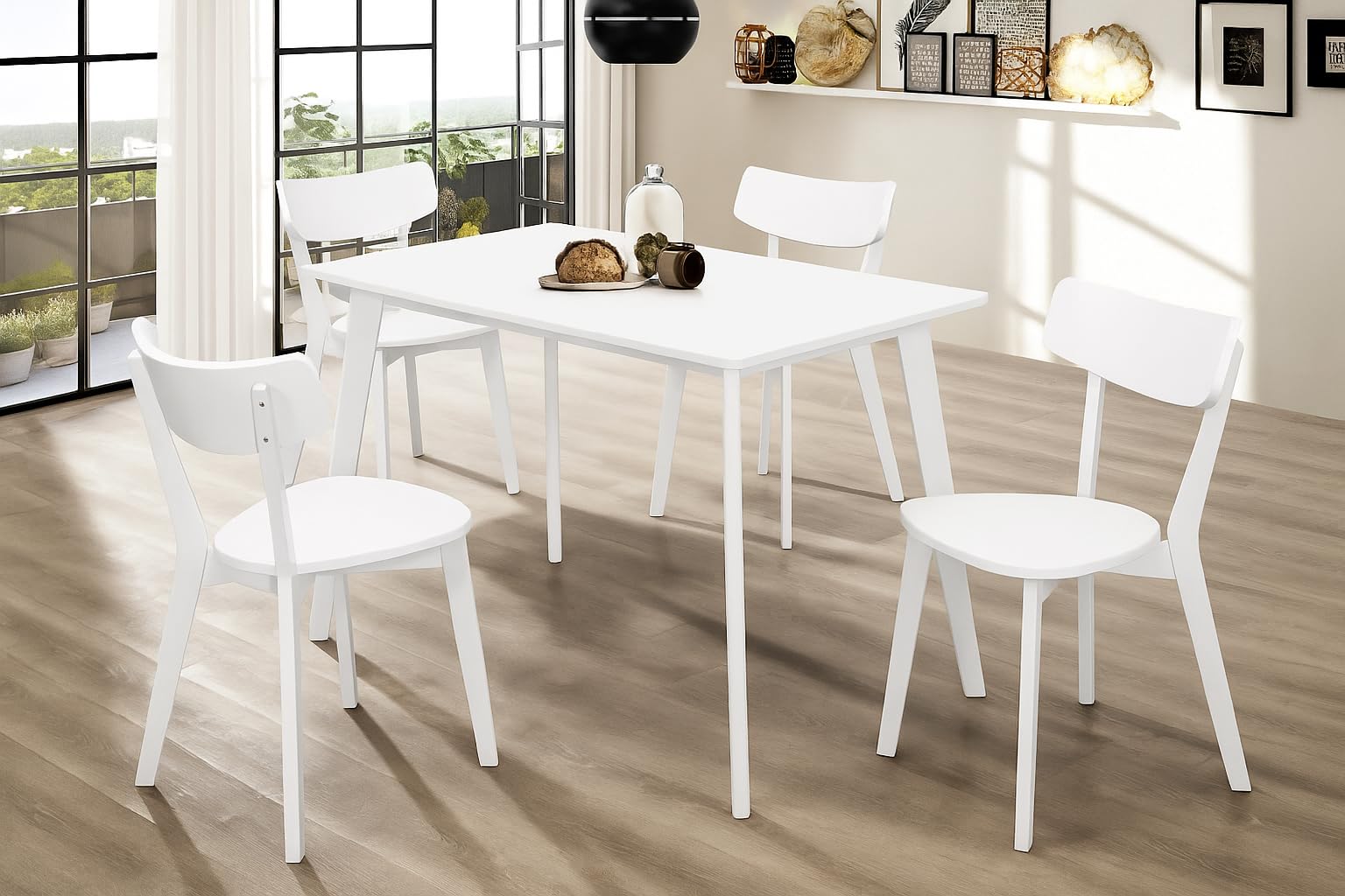Homely® | Conjunto de Comedor Cody con Mesa Rectangular 120x70 cm. y 4 Sillas, | Madera lacada Blanco | Estilo Nórdico-Escandinavo | Madera Maciza y MDF | Pack de Mesa y sillas Informal y económico