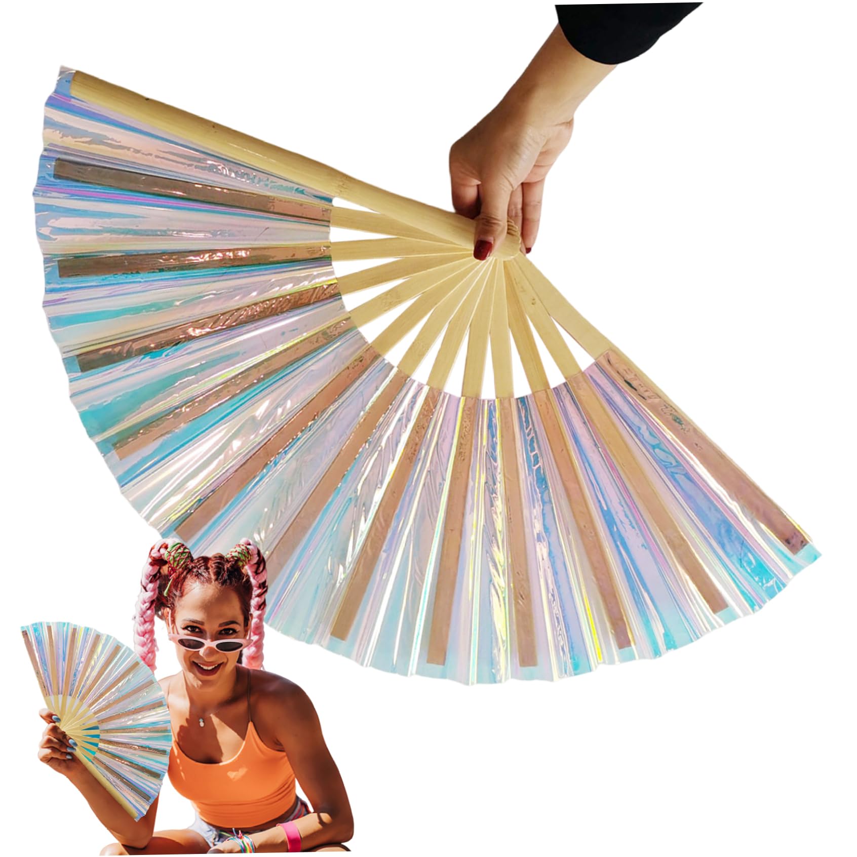 Holografische Handfächer, faltbar, glänzender Rave-Fächer mit Effekt, schillernder Festival-Handfächer für Männer und Frauen, Festival-Outfit-Zubehör
