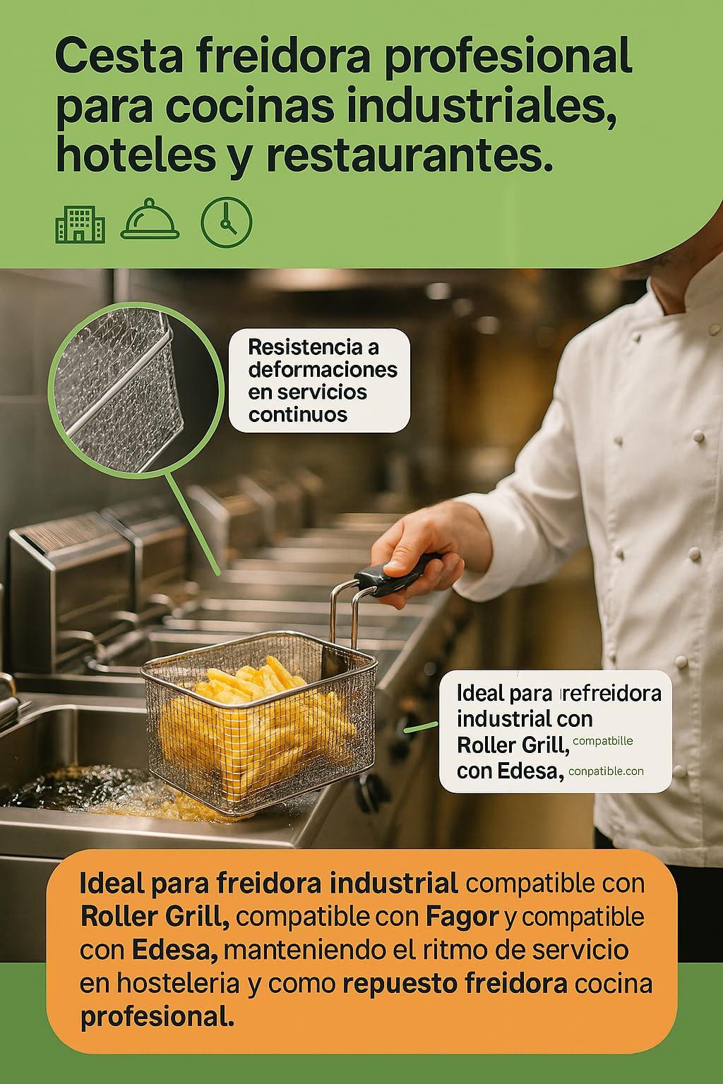 CubetasGastronorm ® cesta freidora 220x250x105mm hierro cromado repuesto profesional freidora industrial compatible con Roller Grill Fagor Edesa modelo FE-6 referencia 693017 repuesto cocina pro