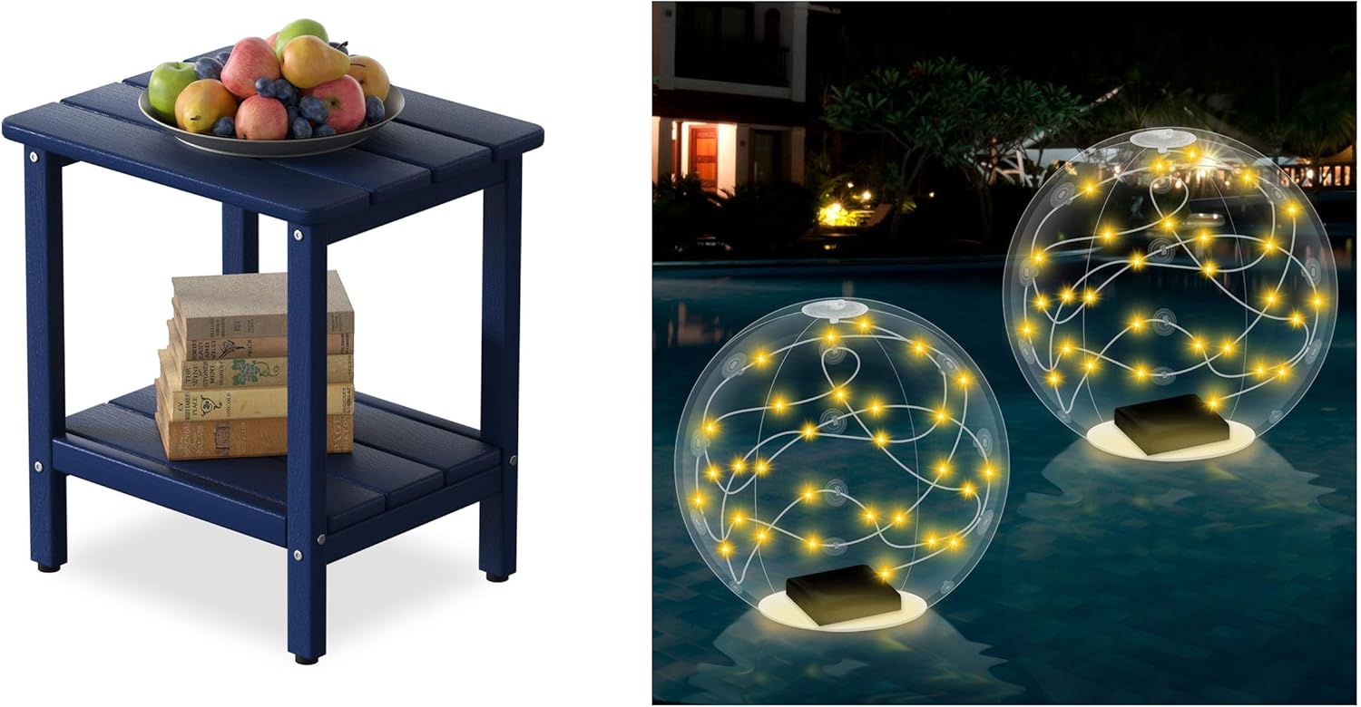 Small Navy Blue Outdoor Side Table and 14-Inch Solar Pool Lights