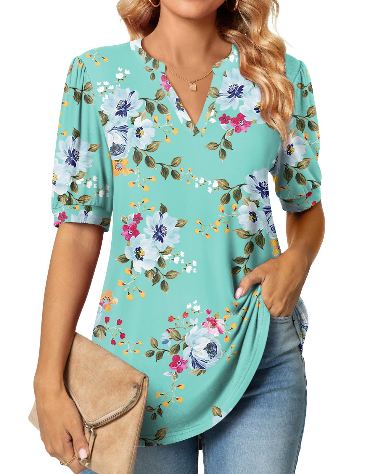 Findsweet Mujeres Puff Manga Corta Tops Dressy Casual V-Cuello Camisetas Negocios Linda Blusa de Trabajo