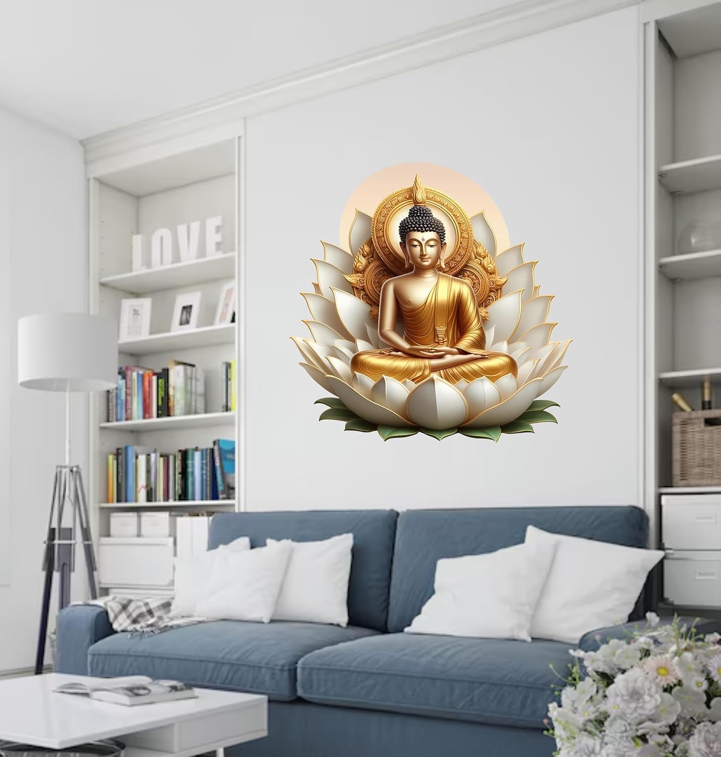 CUSTOMSCART Lotus Buddha Wall Art Decor, Golden Meditation Statue, 46 cm x 46 cm, White and Gold-image-46