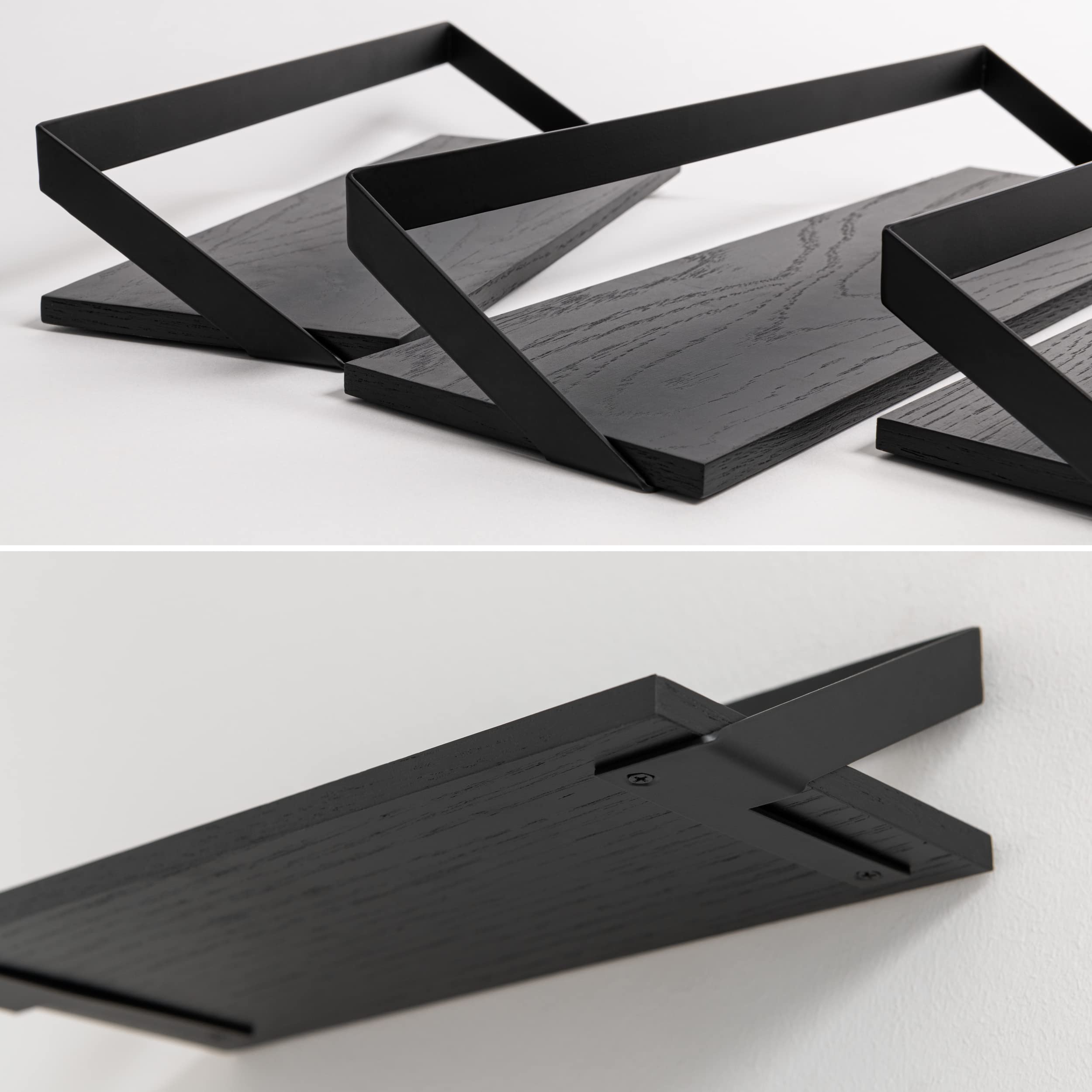 Kazai. Estantes de Pared -Finn- | Juego de Estantes Flotantes de 3 Partes de Metal y Chapa de Madera Real | Decoración de Pared, Almacenamiento y Estante para Salón, Cocina, Dormitorio | Roble, Negro