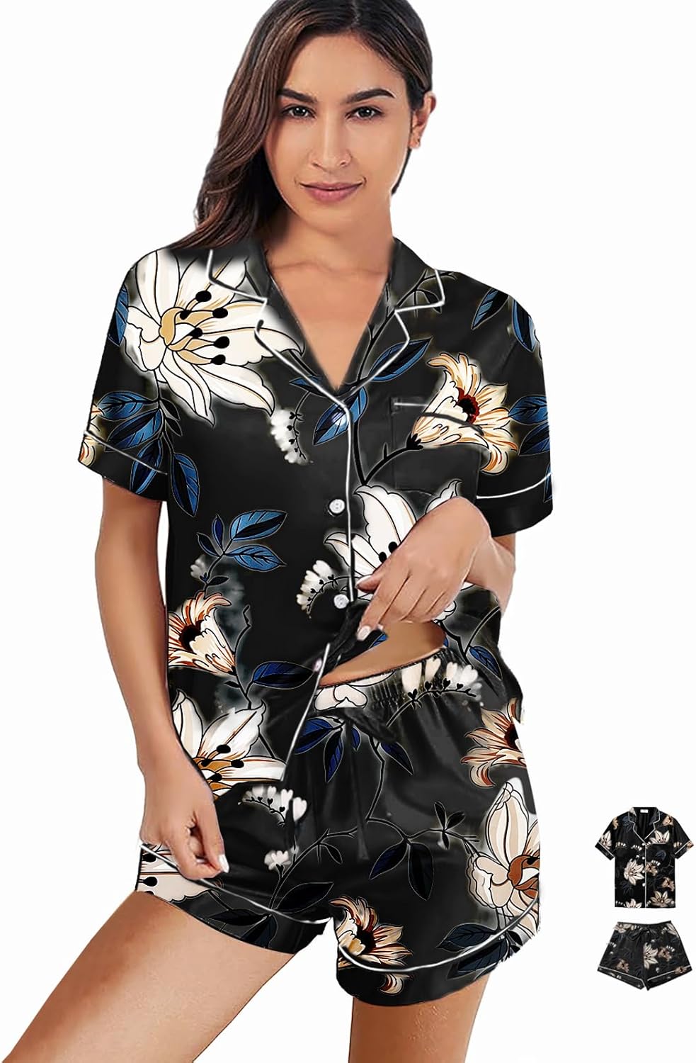 Womens 3Pcs Satin Pajamas Set Floral Silk Pajama Sets Stripe Lounge Set Silky Sleepwear XS-2XL Pjs Long Scarves - Image 6