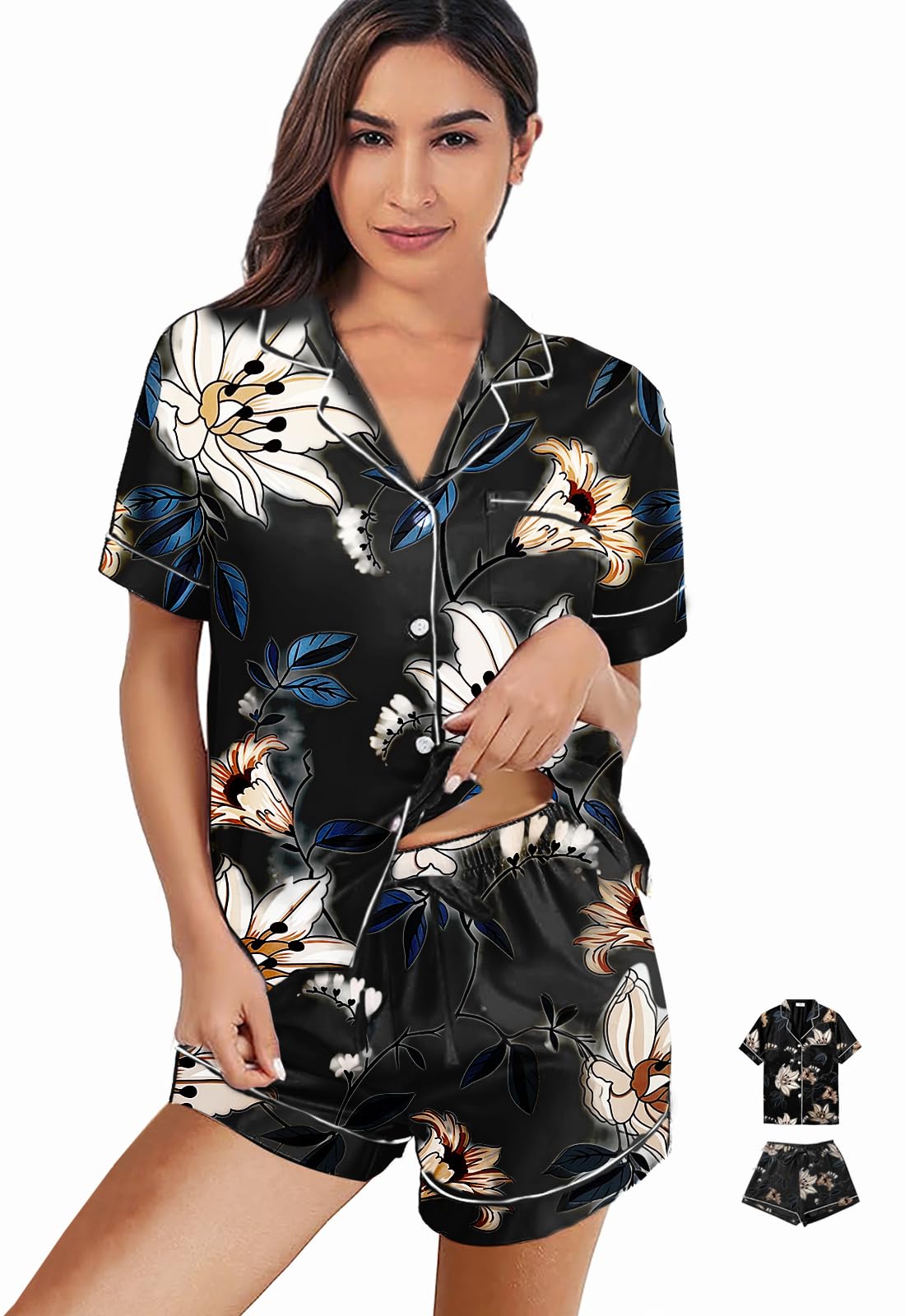 WJing Yi Jia Womens 3Pcs Satin Pajamas Set Floral Silk Pajama Sets Stripe Lounge Set Silky Sleepwear XS-2XL Pjs Long Scarves