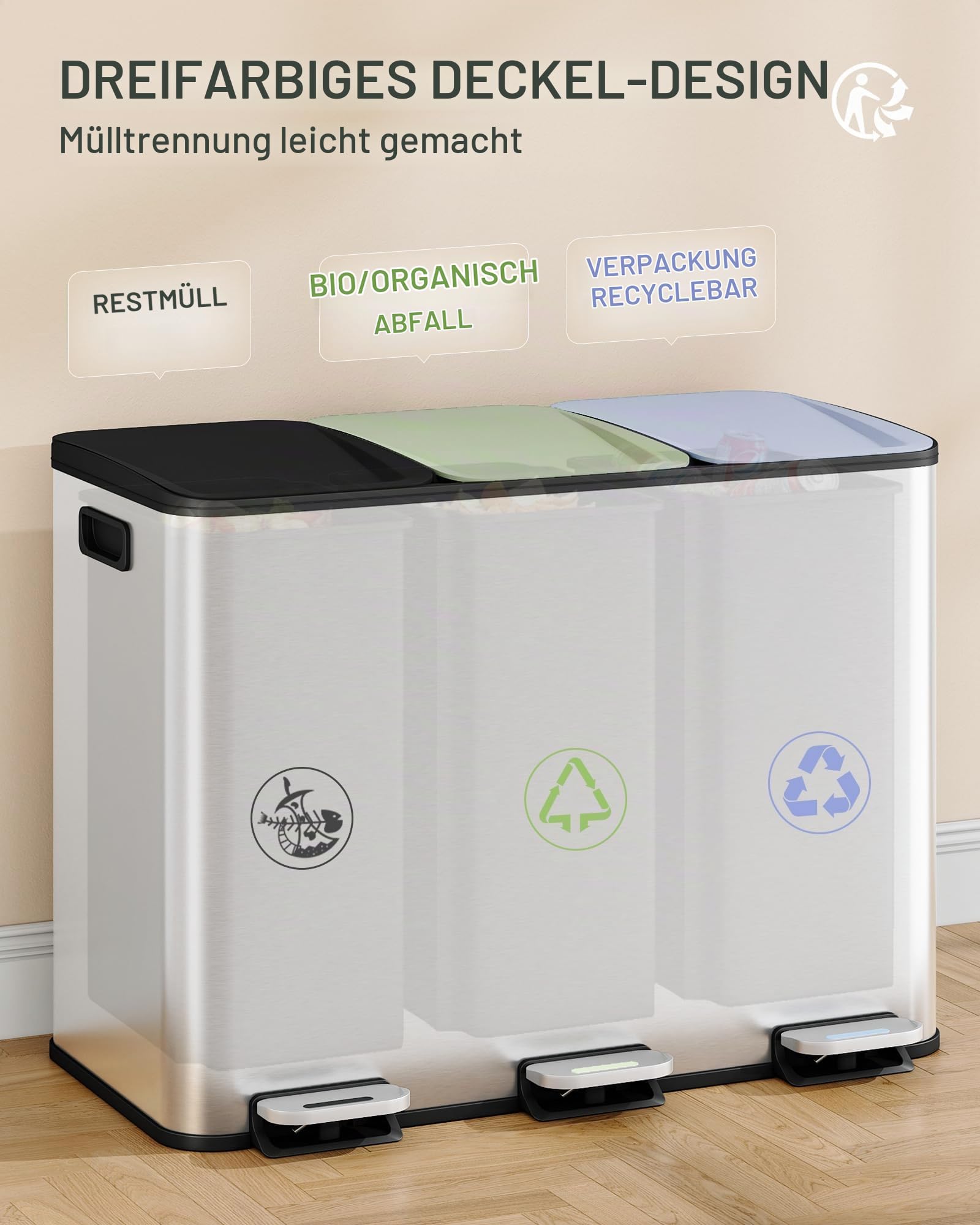 Hzuaneri Mülleimer Küche, 3 x 18 L, Mülltrennsystem 3 Fächer, Mülleimer mit Farbigem Soft-Close-Deckel und Pedal, Küchenabfalleimer mit Inneneimer, Stahl, inklusive 15 Müllbeuteln, Silber SW31899E