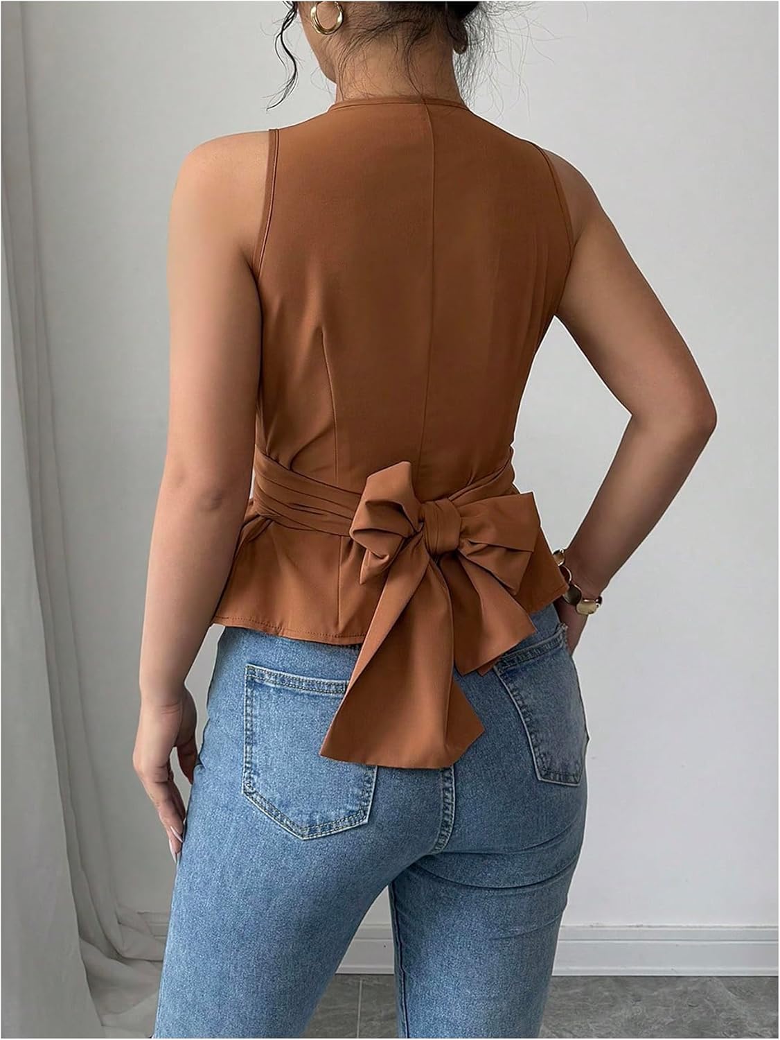 Milumia Women’s Sleeveless Sexy V Neck Ruffle Tops Tie Waist Bow Back Shirt Slim Fit Blouse - Image 2