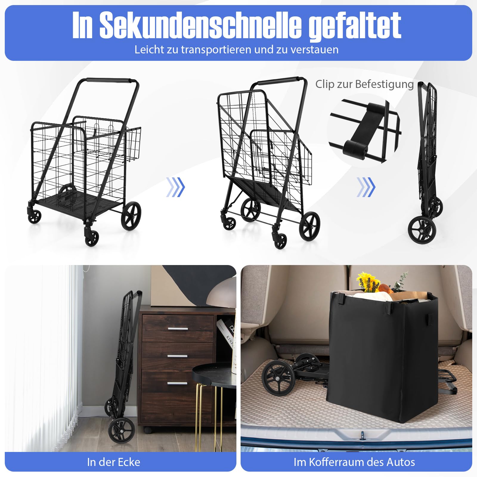 COSTWAY Einkaufstrolley Klappbar, Einkaufswagen auf Rollen mit Abnehmbarer Oxford-Tasche & 2 Körben, Handwagen 150kg belastbar, Rollwagen Allzweckwagen für Wäsche Einkaufen Gepäck(Schwarz)