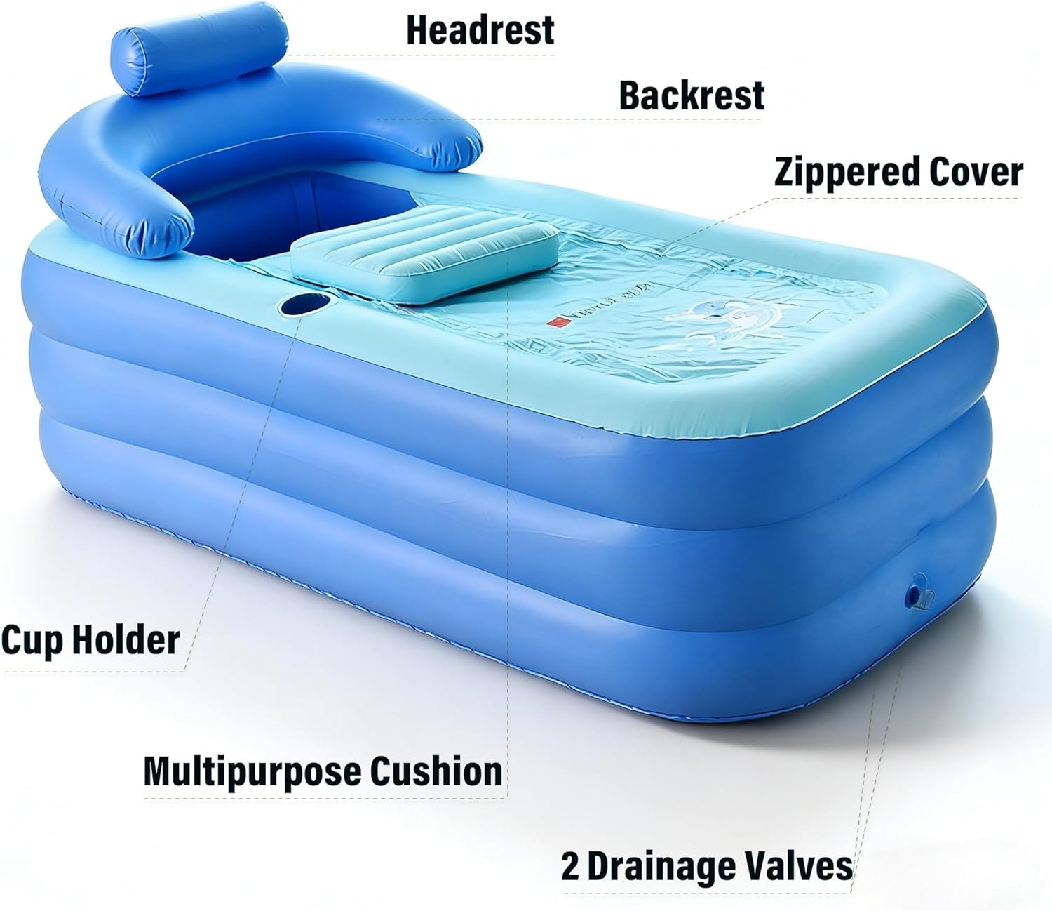 63” 5.2’ Adult Inflatable Bathtub with Electric Air Pump, Freestanding Portable Cool/Hot Tub Foldable for Outdoor Indoor Soaking Shower Spa, Small Cushion & Drain Hose, 3 Separate Blow Up Chambers