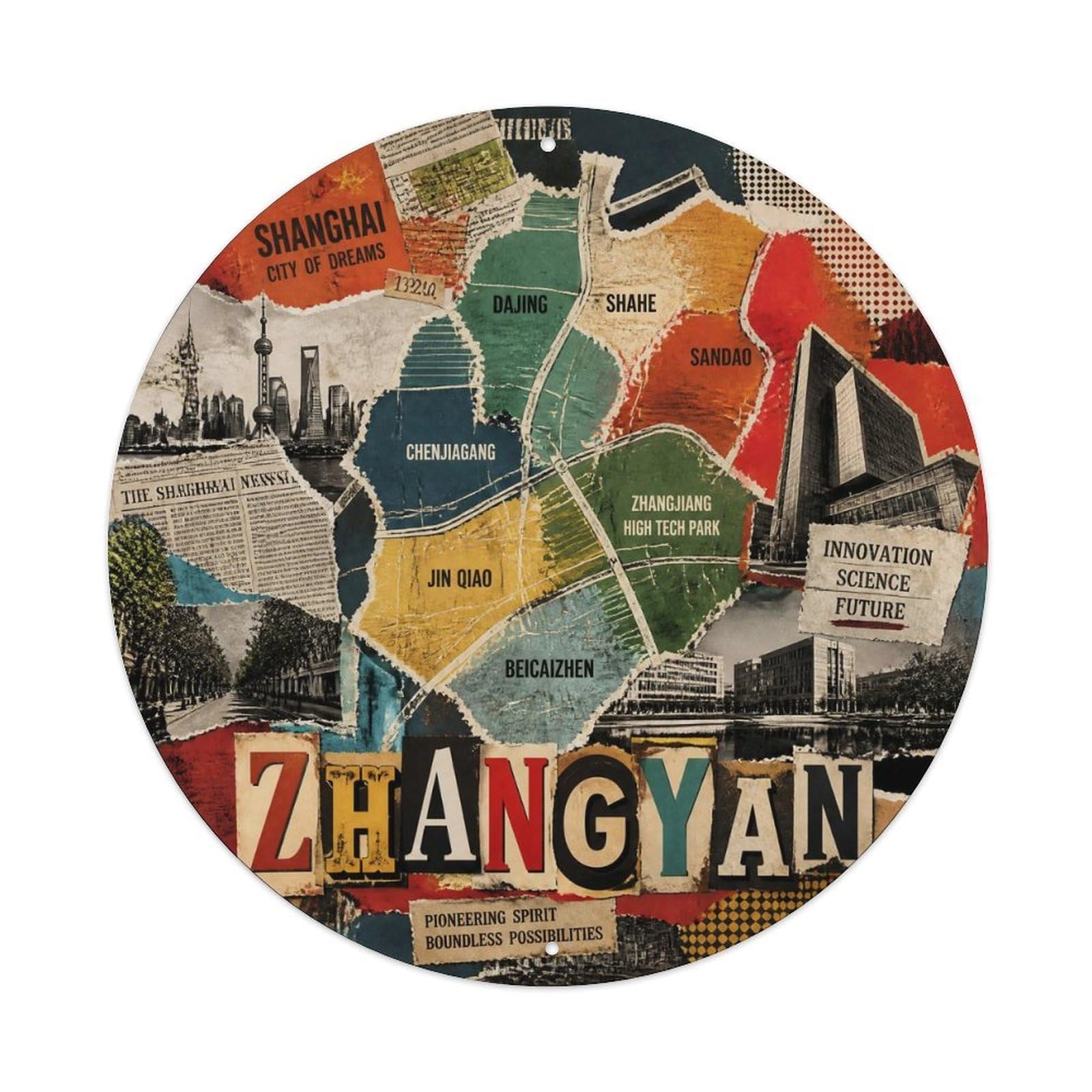 Okngb Style Shanghai Zhangyan Town Blueprint Route Vintage Badge Metal Tin Sign Plaque Wall Decor For Cafe, Man Cave, Club Bar, Office, Home Garden Round Metal Poster 8X8inch