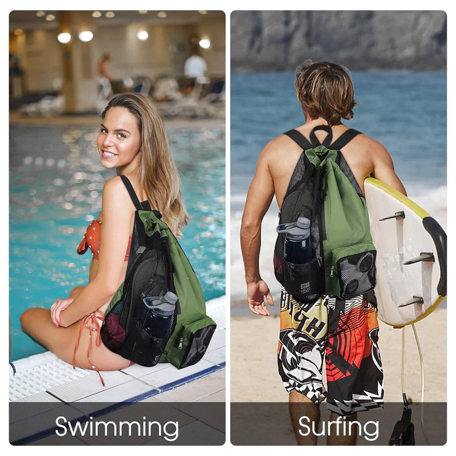 Bolsa de Deporte Bolsa de gimnasio Bolsa de natación Mochila con cordón de red con bolsillo húmedo Mochila de playa Natación Gimnasio y bolsa de almacenamiento de equipo de entrenamiento(Black)