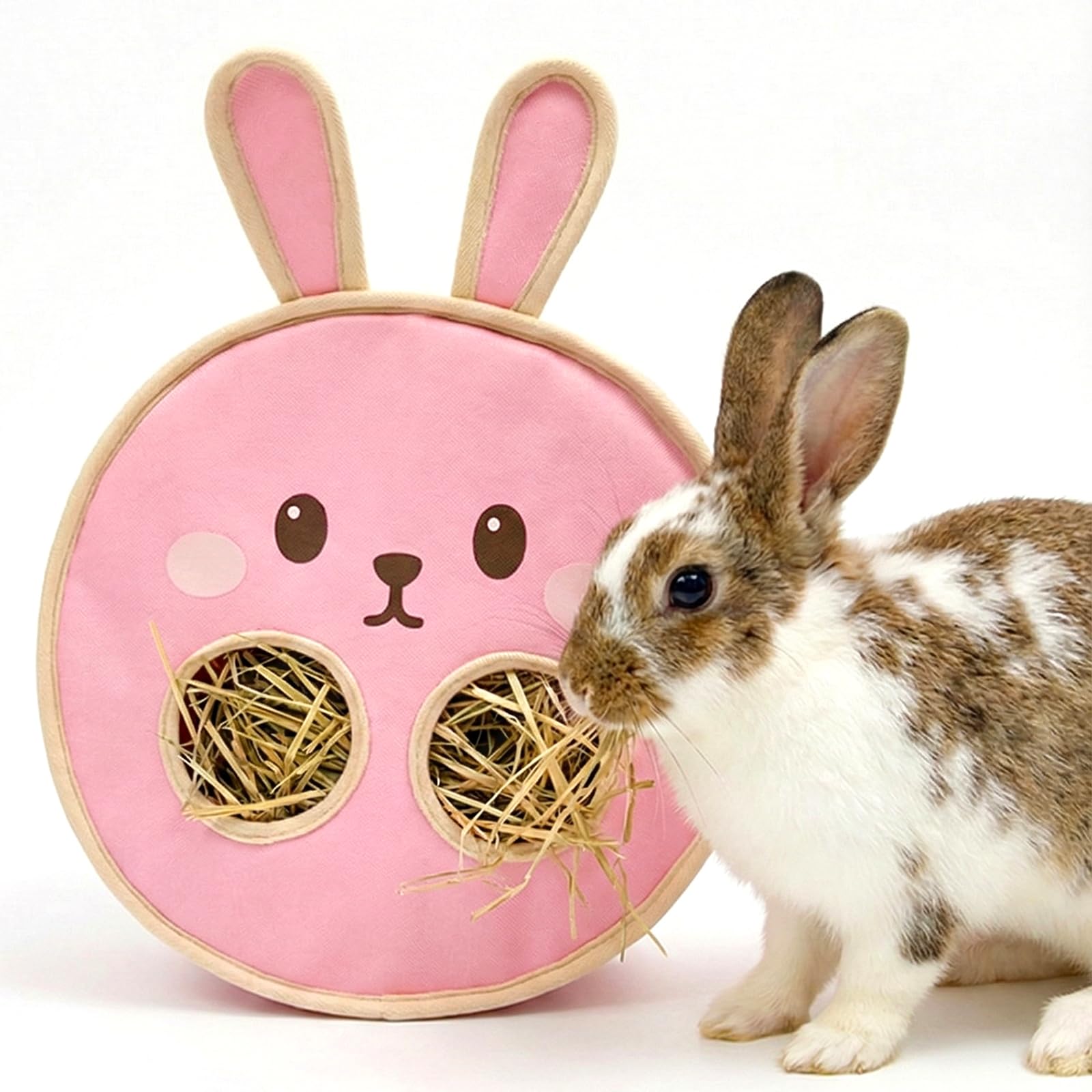 Colemumone Cute Bunny Face Rabbit Hay Feeder Bag, 2 Holes Hanging Hay Holder for Guinea Pig Cage, Durable Oxford Fabric Hay Dispenser for Chinchillas, Hamsters & Small Animals, Pink