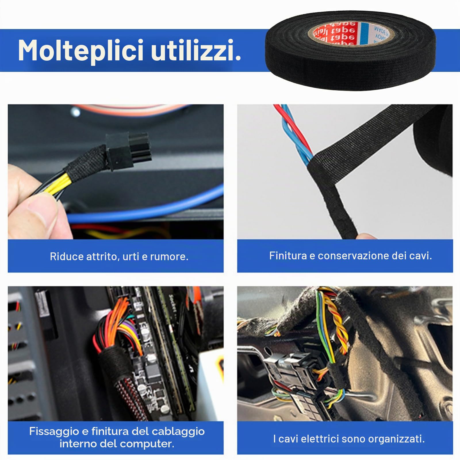 4 pezzi nastro in tessuto per auto nastro adesivo nastro isolante nero, Nastro in Industriale, Nastro Adesivo Telato Nero per Fili a Vista Auto, Moto e Cavi (19mm x 15m/15mm x 15m)