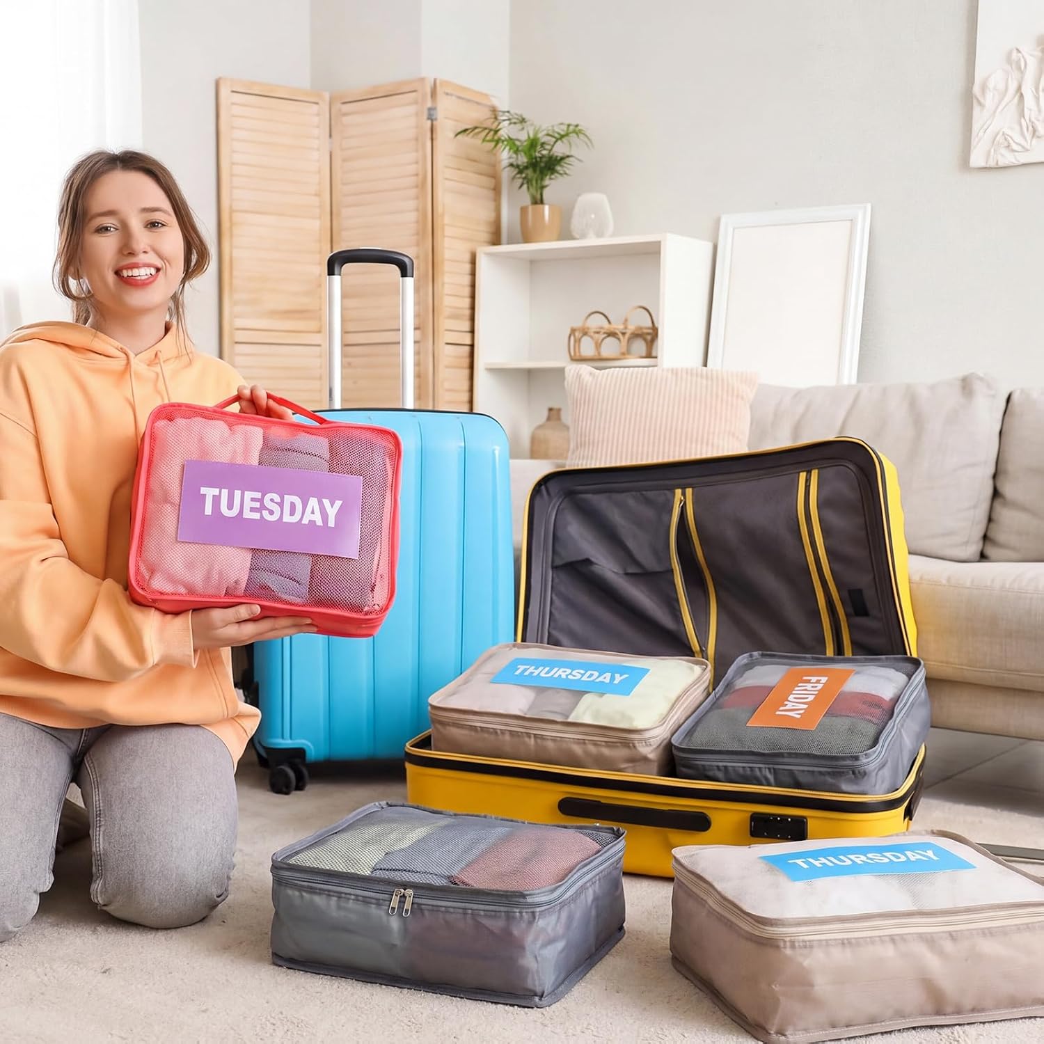 Woanger 7 Pcs Packing Cubes for Travel Days of Week Packing Cubes with Labels Zippered Camping Bag for Summer Camp Essentials