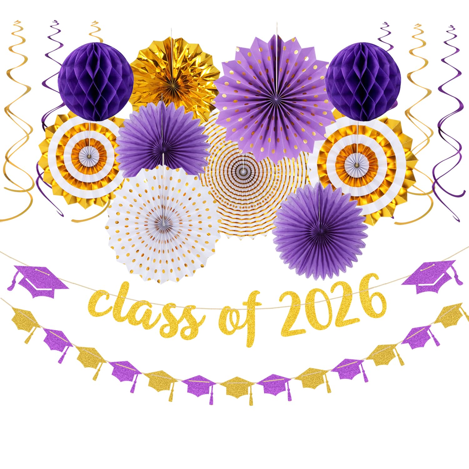 Purple-White Gold Party-Decorations Graduation Banner-Streamers - 18pcs Kits Class of 2026 Garland, Paper Tissue Pom Poms Fan, Honeycomb Lanterns Congrate Grad Congratulations Decor Panduola