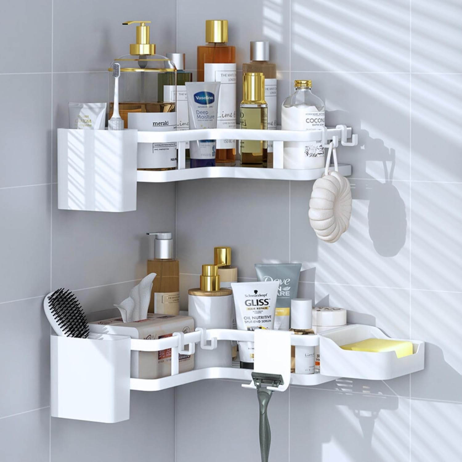 Adhesive Corner Shower Caddy Hanging - 6 Pack, Electroplated Rustproof Stainless Steel Corner Shelves Large Capacity Shower Organizer, Shower Caddy Bathroom Shleves With Bathroom Accessories - White