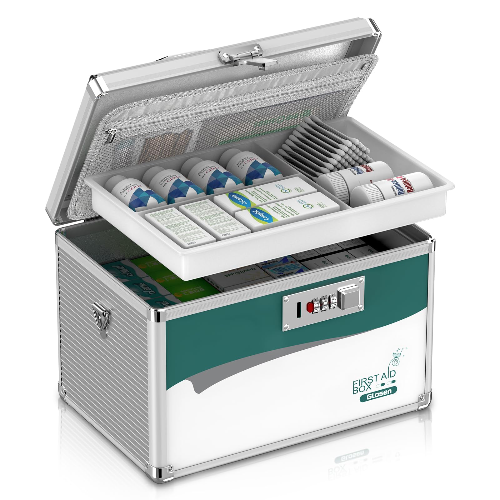 Glosen Medizin Box mit Zahlenschloss, Medikamenten Aufbewahrung Verschließbare Box, Aufbewahrungsbox Medikamentenbox mit Code-Schloss, 30.5×19.5×20 cm