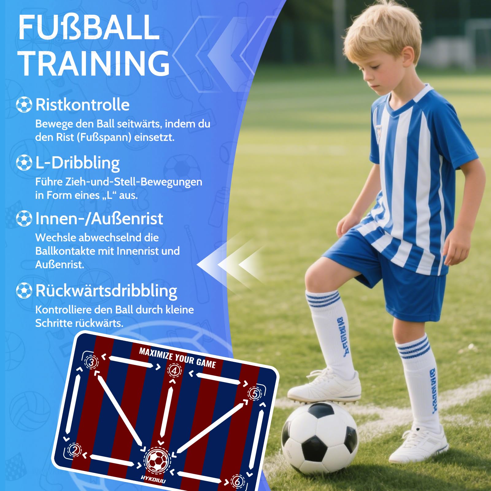 Fussball Matte Mit Fussballtrainer 90x60cm Rutschfest Silent Fussballmatte Training Kinder – Trainingsmatte Für Ballkontrolle & Schritt-übungen Stoßdämpfende Fußball Trainingsmatte Trainingszubehör