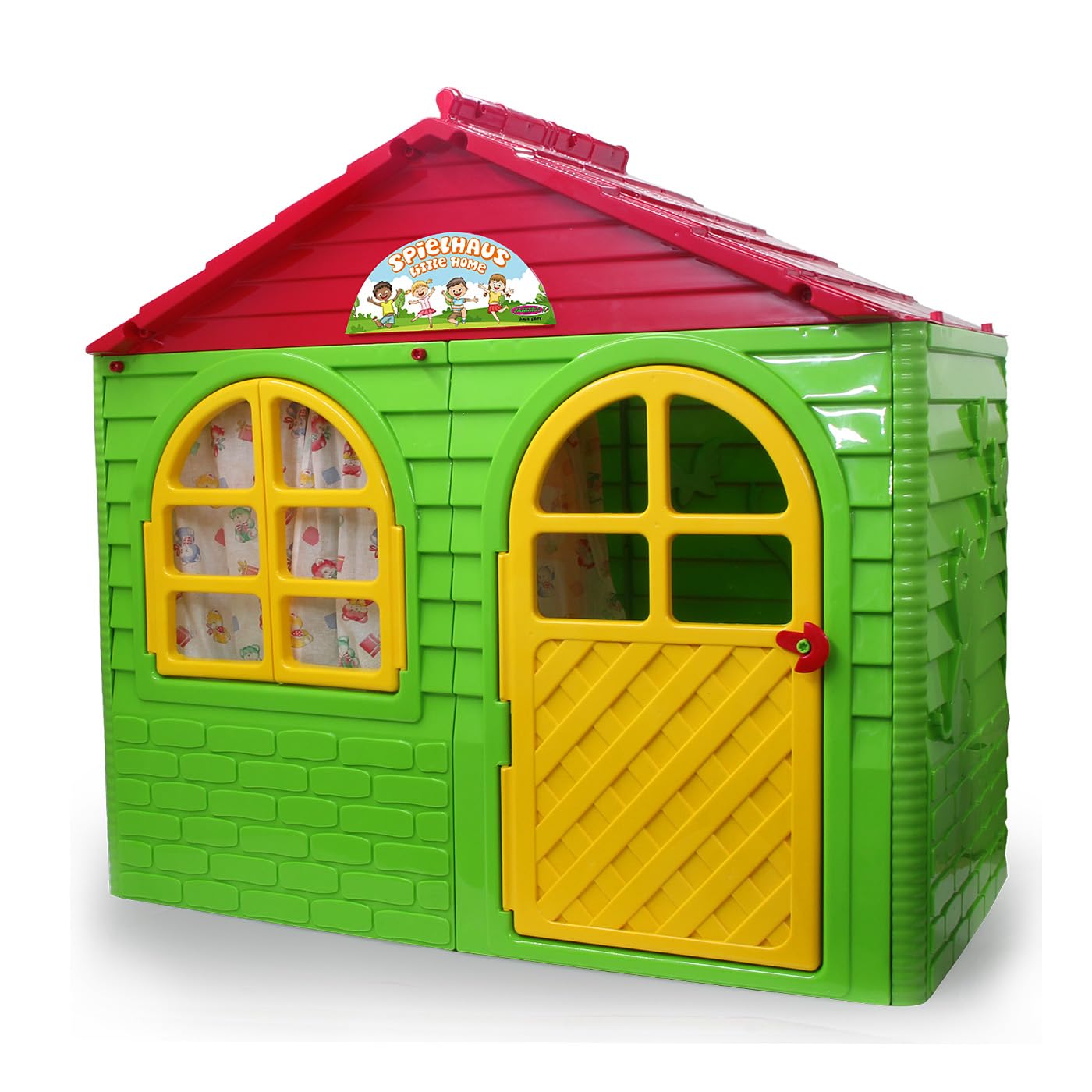 JAMARA 460500 Little Home - Casetta giocattolo in plastica robusta, montaggio stabile, facile da pulire, adatta per interni ed esterni, porte e finestre apribili, tende, verde