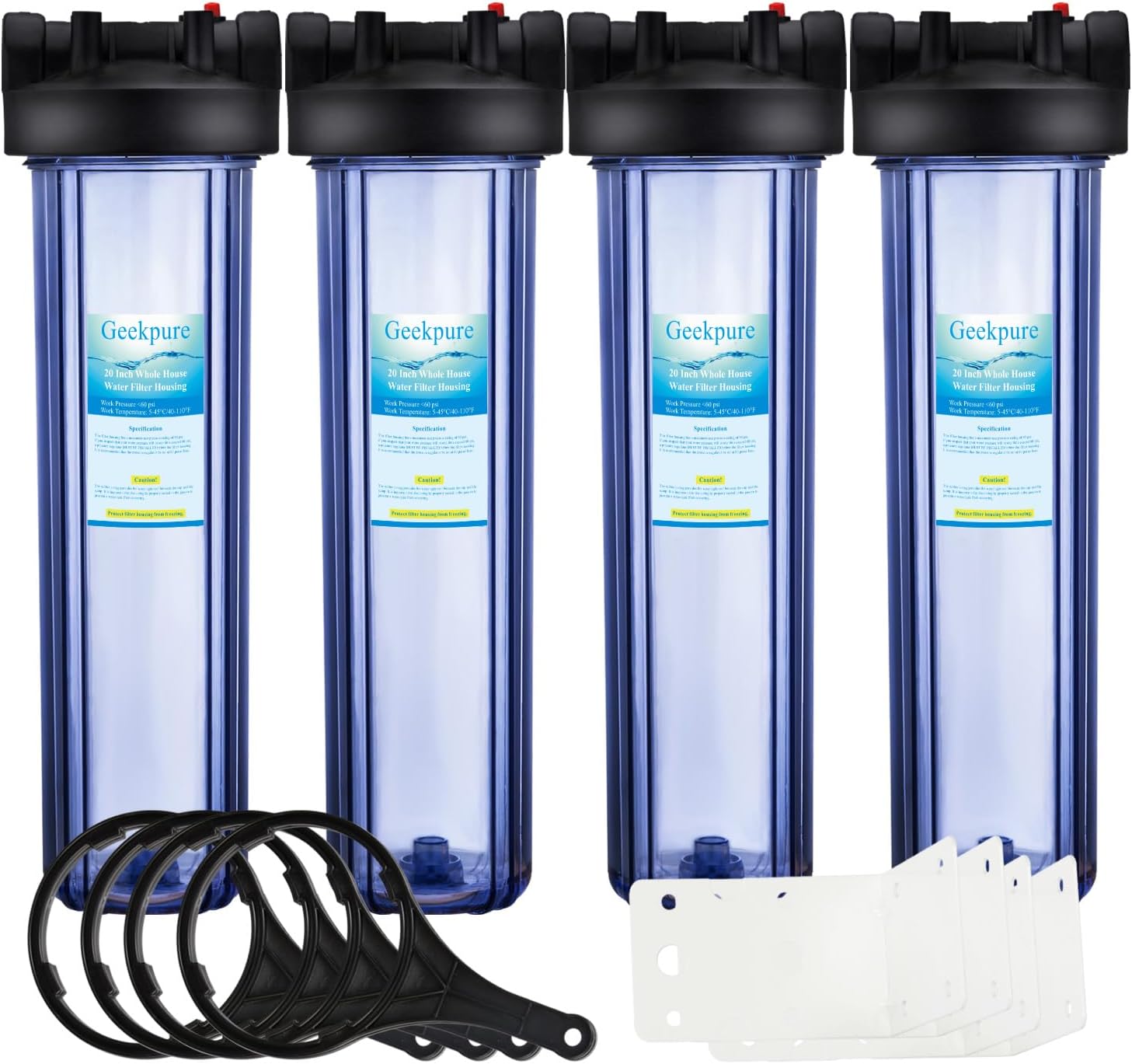 Geekpure 20 Inch Clear Whole House Water Filter Housing with Wrench Bracket -4.5" x 20" - 1" NPT Brass Port -Pack of 4