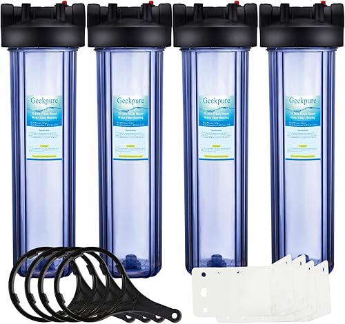 Geekpure Carcasa transparente de filtro de agua para toda la casa de 20 pulgadas con soporte de llave -4.5 x 20 pulgadas - puerto de latón NPT de 1