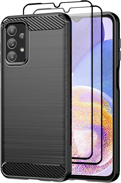 Teayoha Case for Samsung Galaxy A23 5G/4G, with Tempered Glass Screen Protector [2 Pack], Carbon Fiber Scratch Resistant, Shock Absorption Soft TPU Drawing Protective Cases Phone Cover - Black