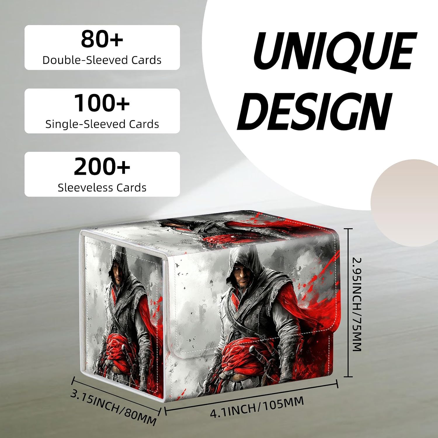 Trading Card Storage Box, Holds 100+ for MTG Cards, PU Leather with Magnetic Closure, Hooded Assassin Fantasy Warrior Durable Deck Box for Magic the Gathering, Trading Card Games image 3
