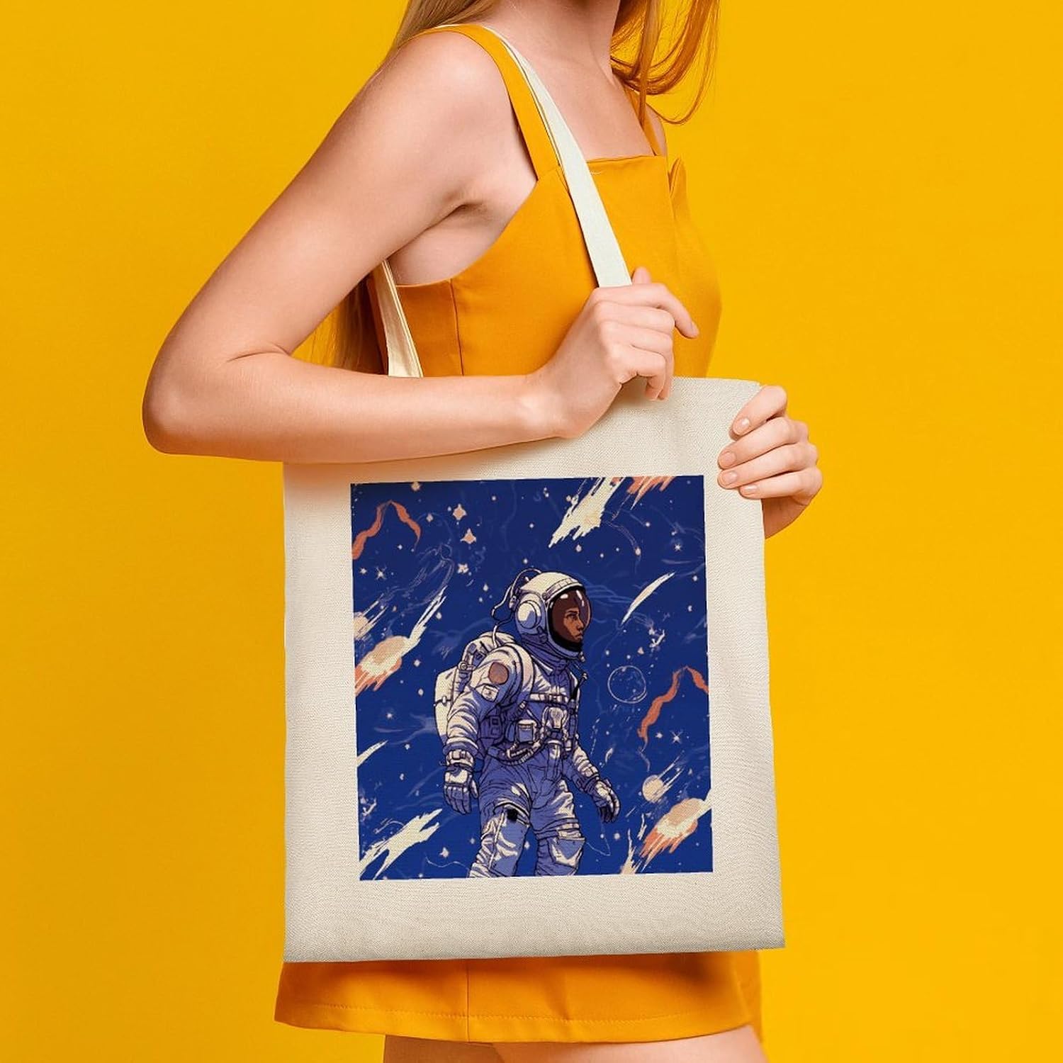 Black Astronaut on Blue Canvas Tote Bag Aesthetic Tote Bag image 3