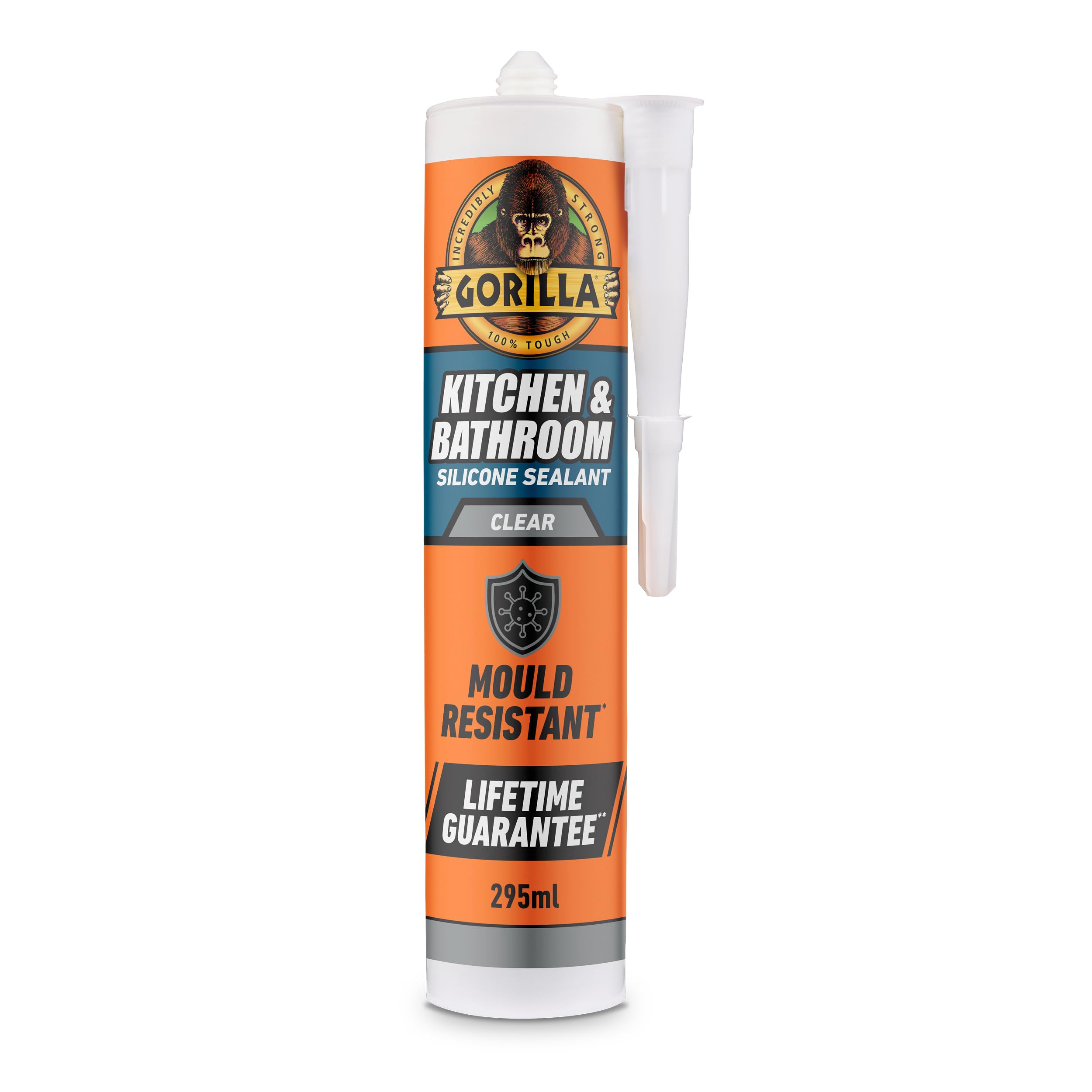 Gorilla Kitchen & Bathroom Silicone Sealant, Clear, 295ml – Mould Resistant, 100% Waterproof, Shower Ready in 30 Minutes, Shrink & Crack Proof | Use on Showers, Baths, Sinks, Toilets & More