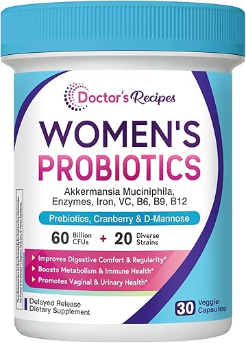 Doctor's Recipes Probióticos para mujeres, Akkermansia Muciniphila, prebióticos, arándano, D-manosa, hierro, folato, VC, B6, B12, 60 mil millones de