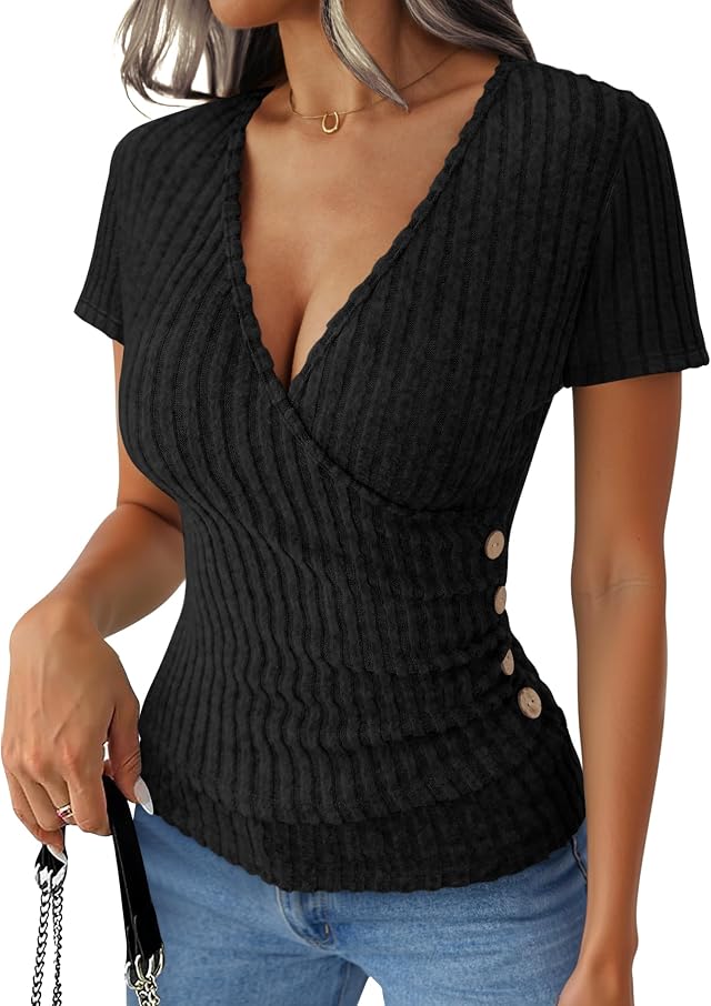 ANRABESS Women Short Sleeve V Neck Shirts | Comfy Soft, Slim Fitted Wrap Sexy Top, Dressy Casual Daily Wear, Work Vacation Going Out Spring Summer Sweater