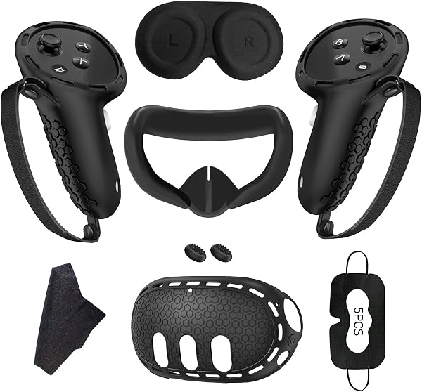 Set di Accessori Protettivi per Meta Quest 3 Silicone,2 Pezzi Custodia Controller,Copertura per Visore VR,Maschera per Viso,Copriobiettivo,Impugnature per Pollice×2,Maschere per Occhi×5 - 1