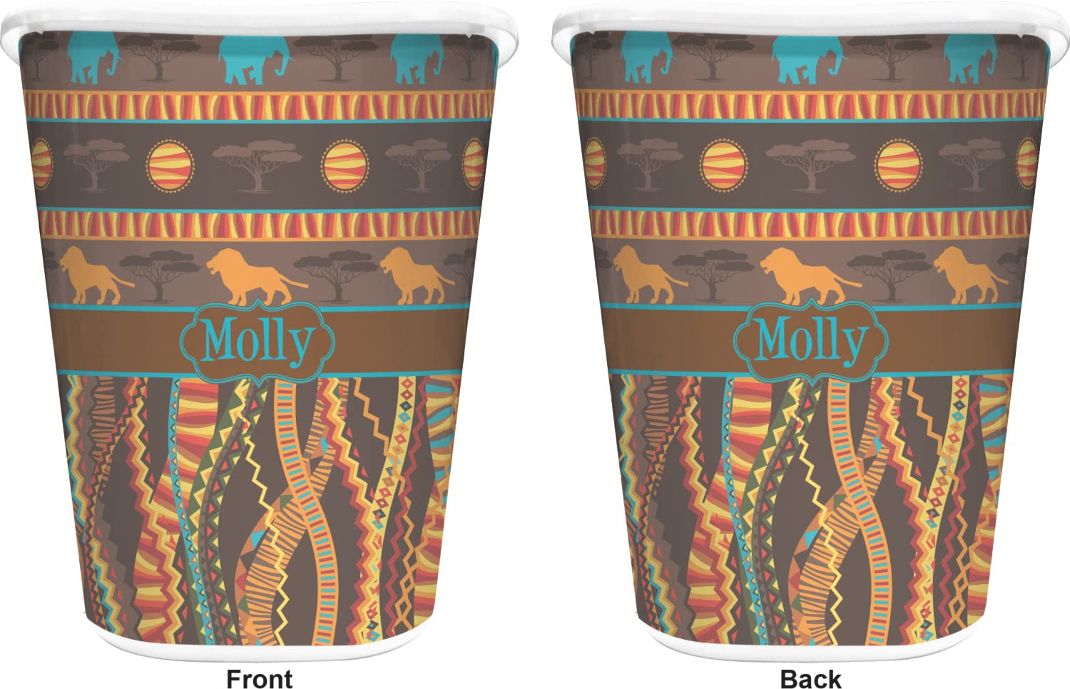 YouCustomizeIt Personalized African Lions & Elephants Waste Basket - Double Sided (White)