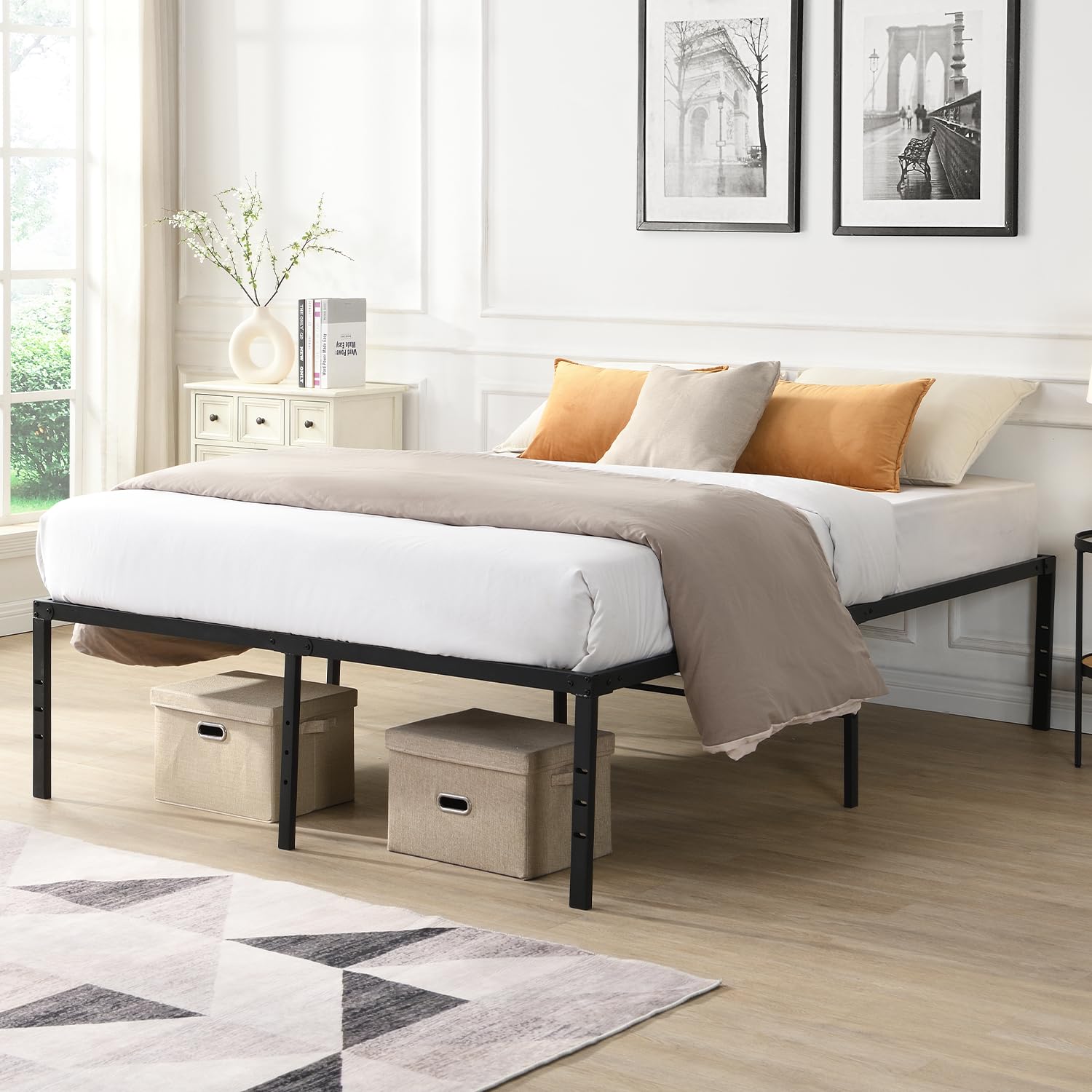 16 Inch King Size Bed Frame Heavy Duty Metal Platform 16 Inch Under Storage Sturdy Steel Slat Support