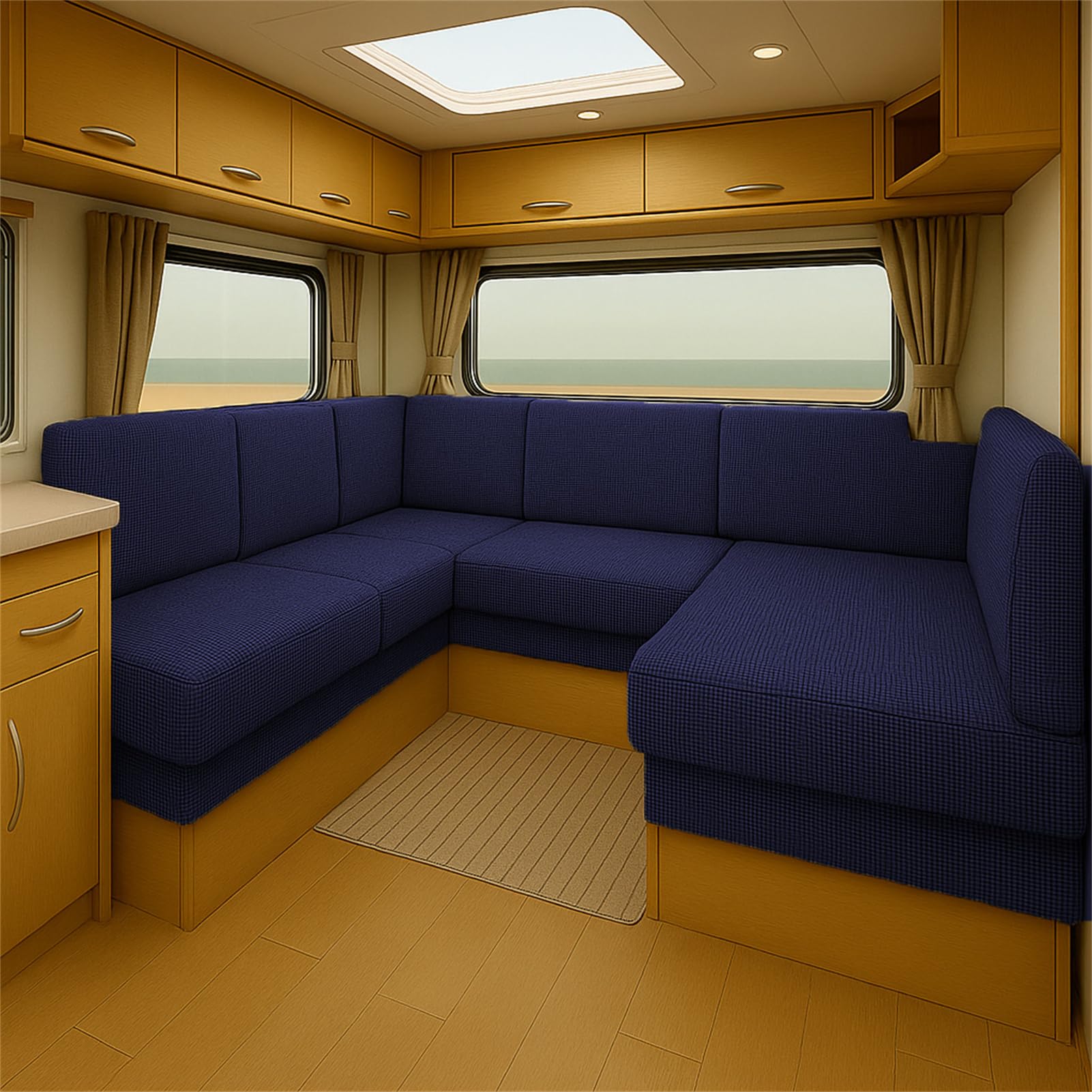 Elastic Caravan Seat Cushion Cover for RV Bench Camper Sofa Jacquard Slipcover with Straps Washable Non-Slip Pads Dinette Pads Protector Campervan Chair Seating (Navy Blue,W95-120 * L 160-190cm)