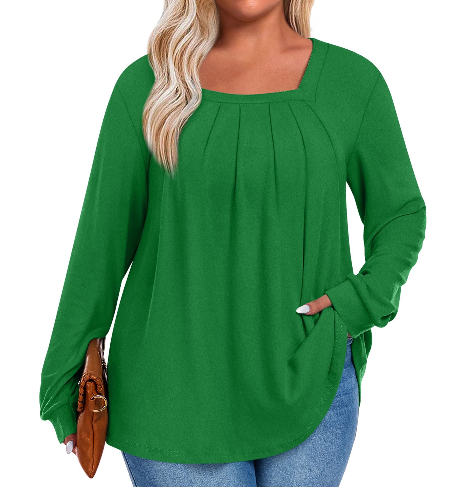 Anymeet Plus Size Tops for Women Long Sleeve Tunic Casual Shirts Square Neck Loose Blouse for Leggings 1X-5X