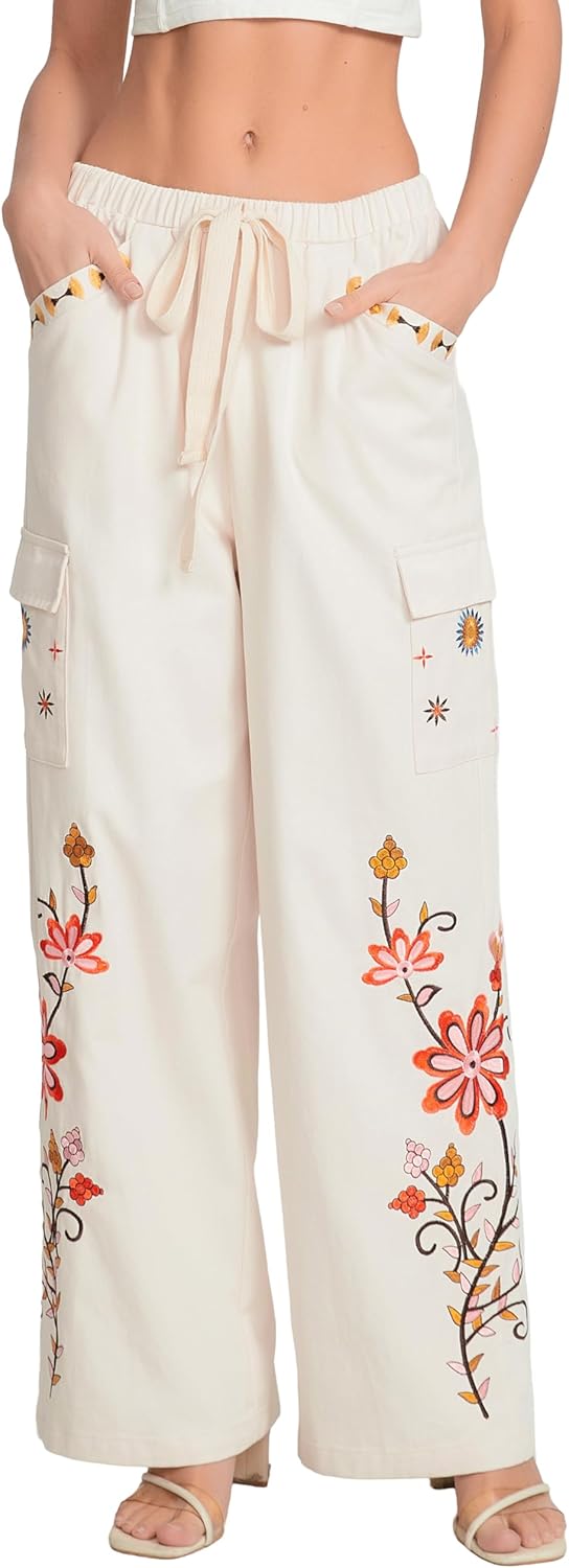 Women's Cotton Embroidered Straight Leg Pants Loose Fit Elastic Waist Casual Trousers with Cargo Pockets