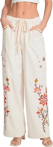 Women's Cotton Embroidered Straight Leg Pants Loose Fit Elas