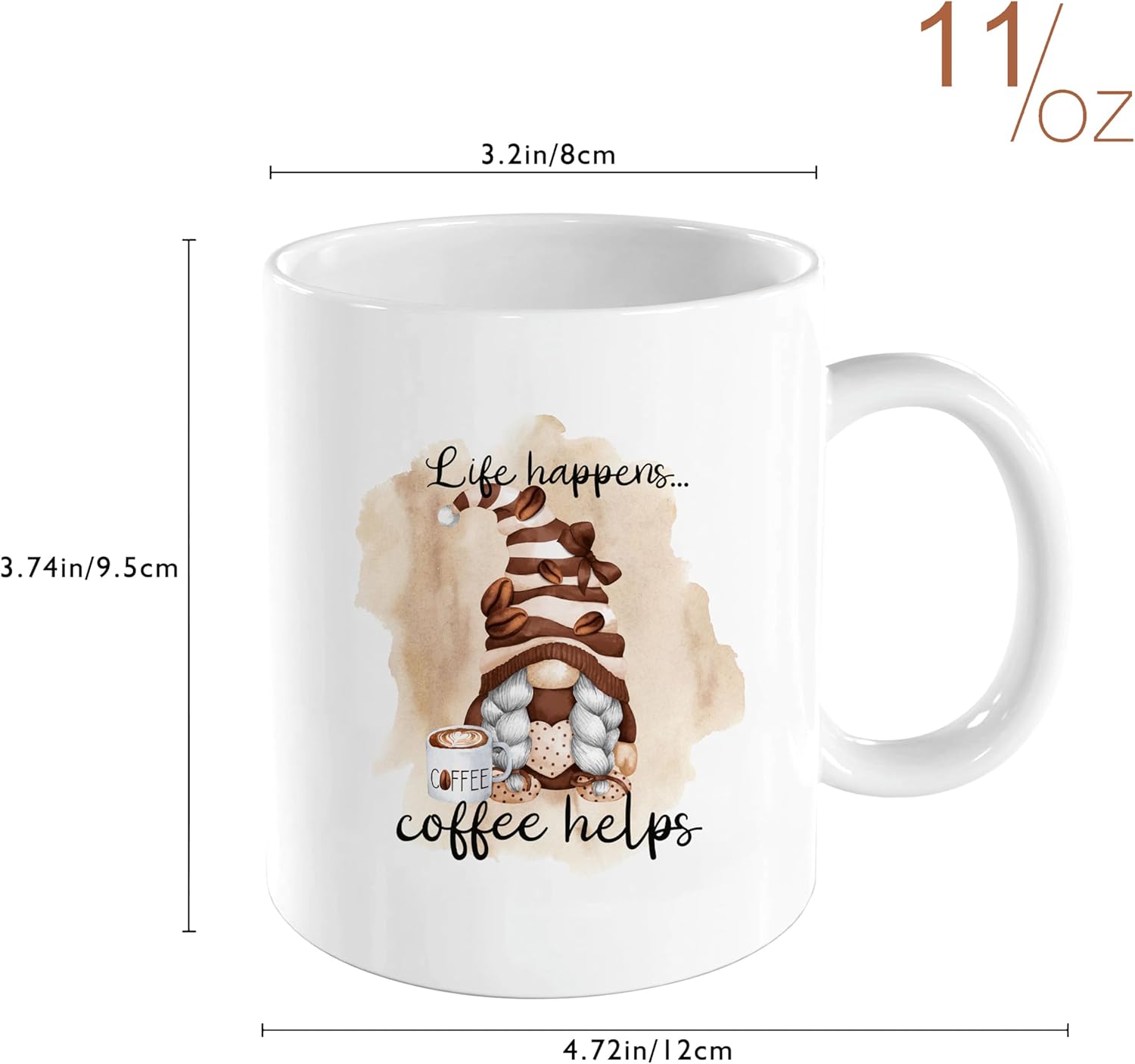 Gnome Coffee Mug, Humor Coffee Cup With Funny Saying-Life Happens Coffee Helps, Nice Gift for Families Colleagues & Friends, White - Image 2