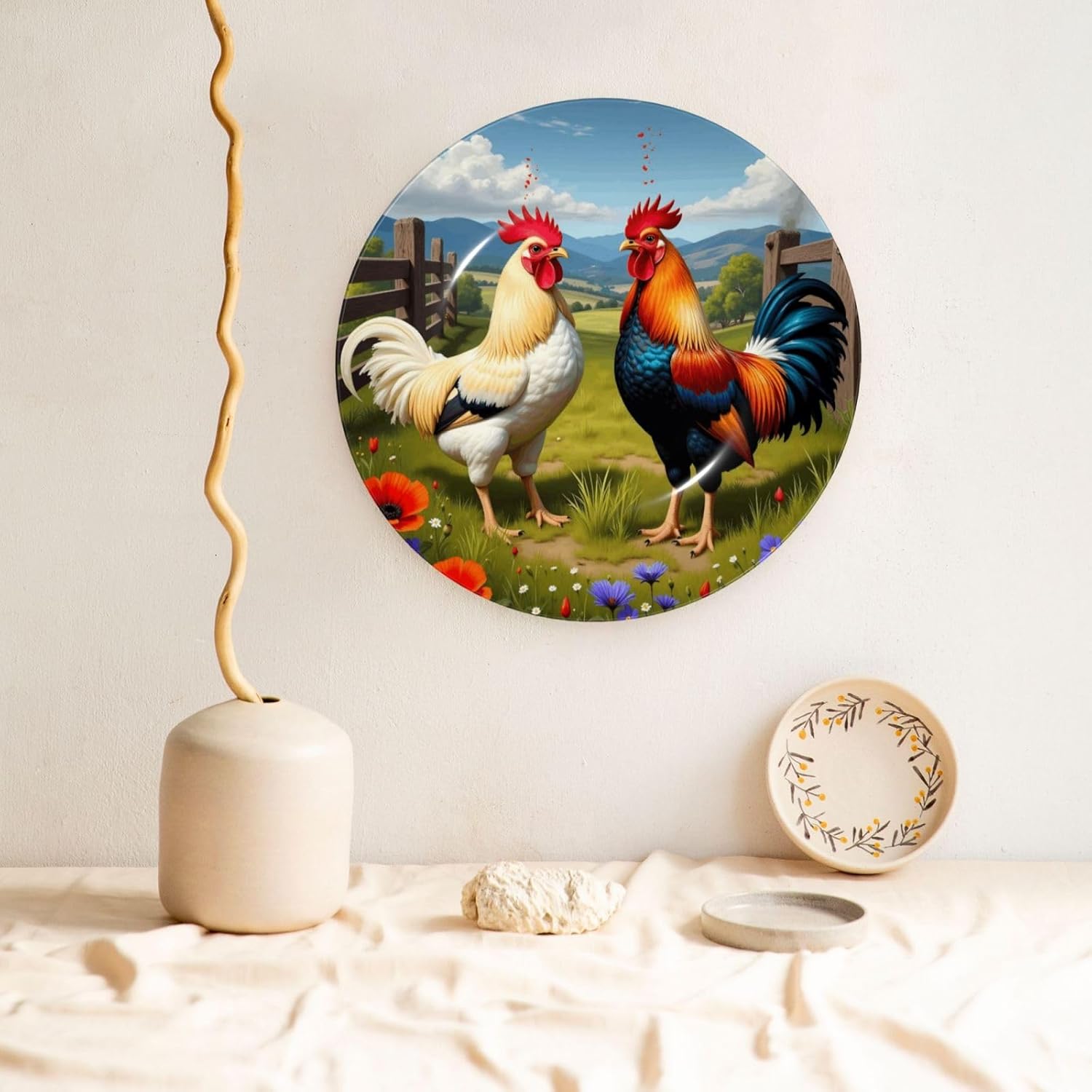 Two Roosters In Field Style Ceramic Plate Display Decorative Plate With Stand Wall Hanging Plate For Home Decor 10 Inch