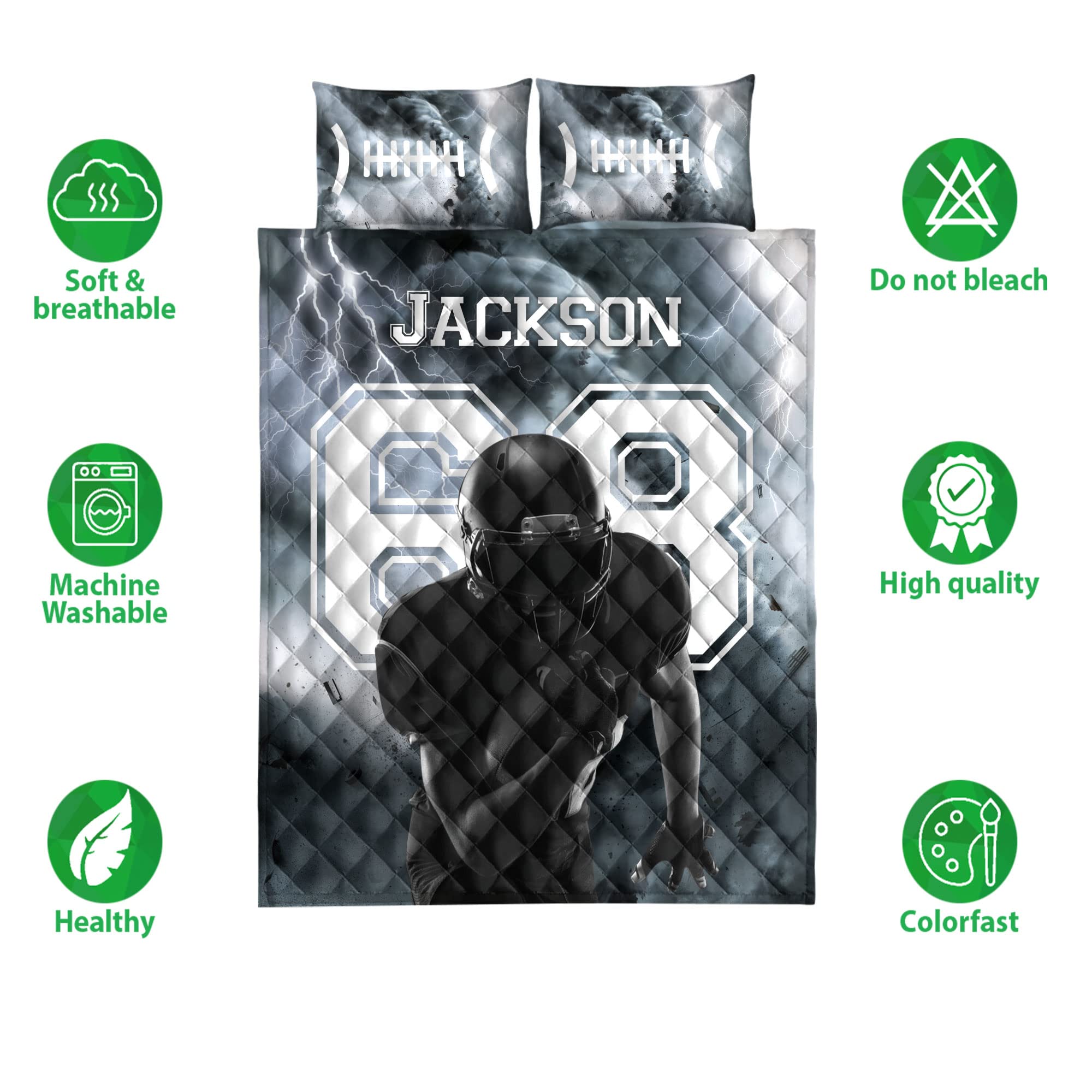 OhaPrints Custom Football Boy Storm Black Player Fan Gift Idea Personalized Name Number Quilt Blanket & Pillowcases, Quilts Bedding Set & Pillow Cover, King Queen Double Twin Throw Full Size Bed Sets