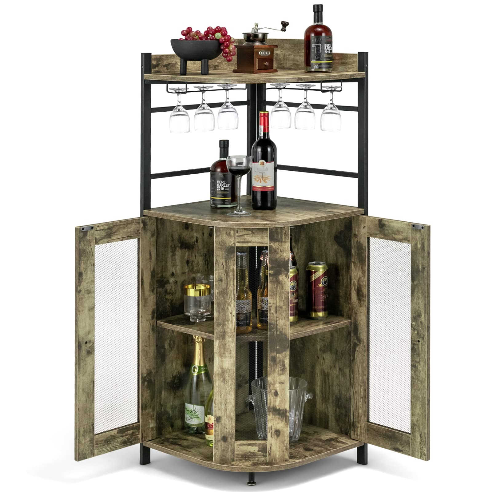 GiantexUK Armadietto angolare da bar, industriale con supporti in vetro