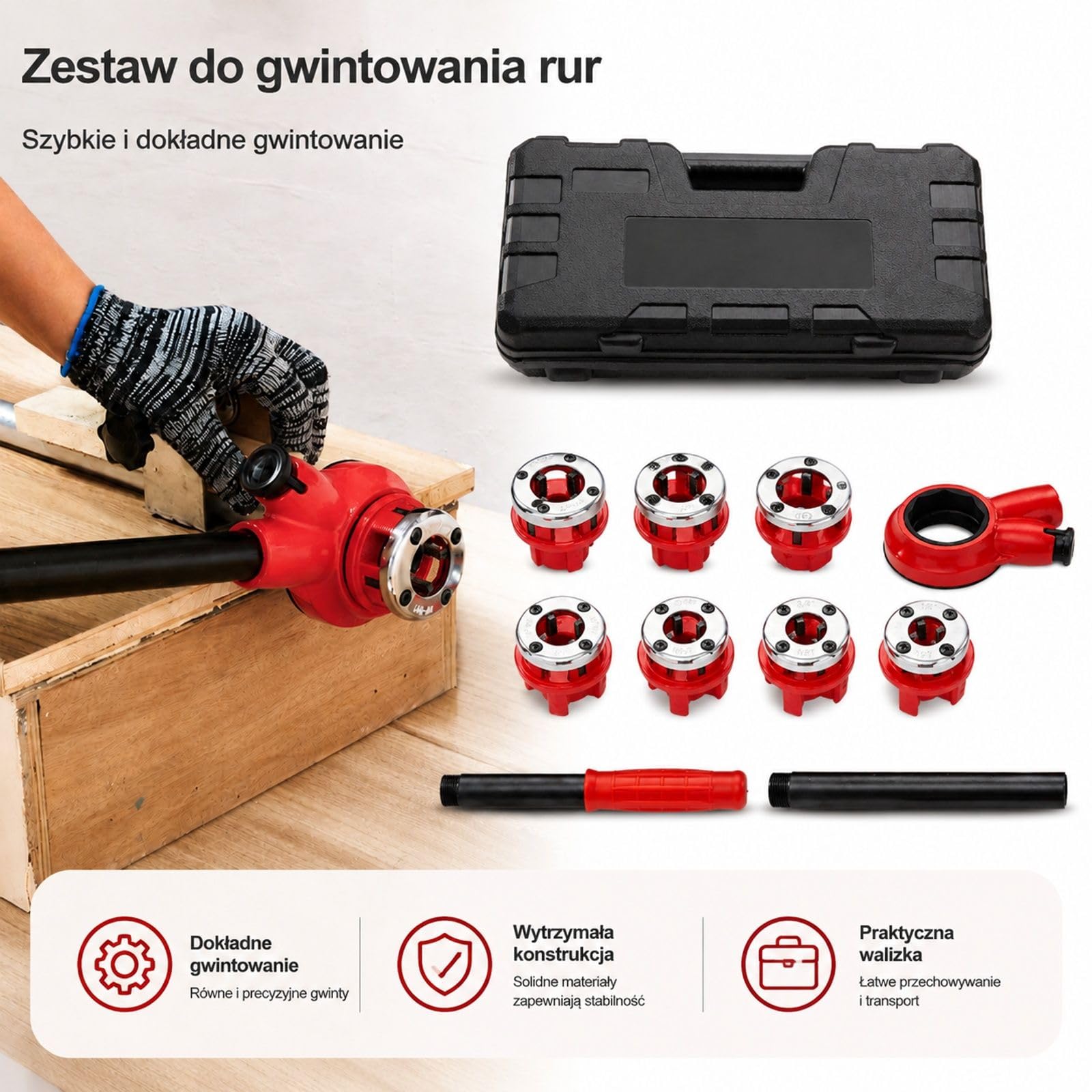 6-częściowy ręczny zestaw do gwintowania rur z grzechotką, matryce NPT i walizka do hydrauliki, budowy, aluminium, żelaza, miedzi