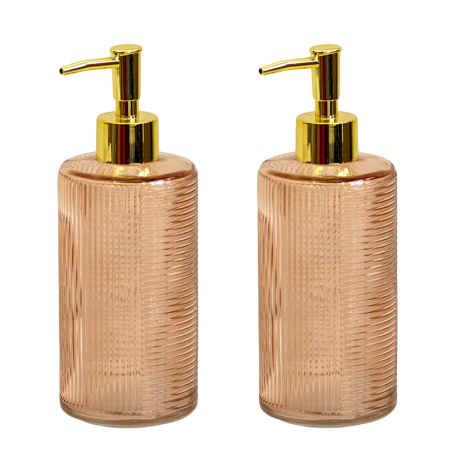 Tall Ribbed Glass Soap Dispenser 500ml Gold Pump Liquid Lotion Bathroom Holder (2, Blush)