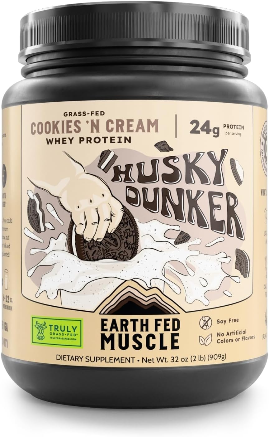 Earth Fed Muscle Husky Dunker Cookies 'n Cream Irish Grass Fed Whey Protein Isolate, Third-Party Certified. 24g Protein, Cookies & Cream - Non-GMO, Hormone Free, Soy Free - 2 LB, 27 Servings