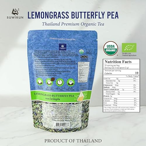 Miniatura 2 de Suwirun Té orgánico de limoncillo y guisante de mariposa, 25 bolsas, producto de Tailandia, auténtico té azul de hierbas tailandés, sin cafeína, sin