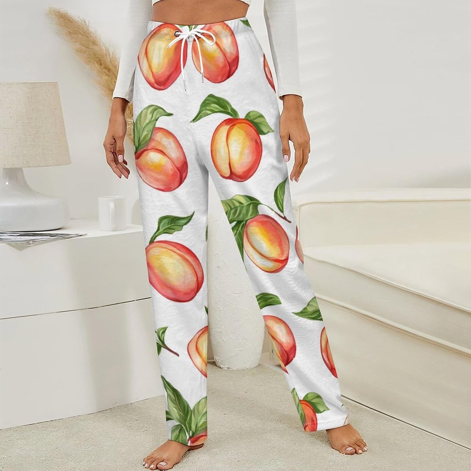 Peaches with Leaves Flannel Pajama Pants Women Soft Fleece Sleep Pj Lounge Bottoms