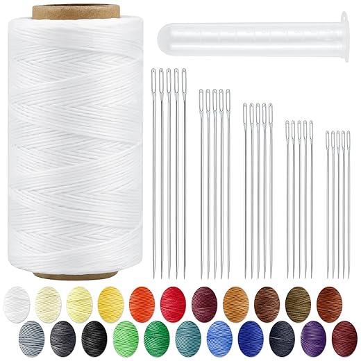 Leather Upholstery Sewing Waxed Thread: PLANTIONAL 218 Yards 210D Wax String Set with 25 Large Eye Hand Sewing Needles, Heavy Duty Sewing Kit for Car Sofa Canvas Carpet Leather Repair Craft (White)